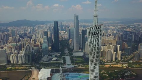 GUANGZHOU, CHINA - SEPTEMBER 25 2017: sunny guangzhou downtown canton tower top aerial panorama 4k circa september 25 2017 guangzhou, china.