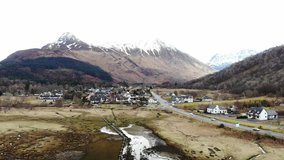 Aerial drone footage of Scottish winter landscape, lochs and snowcapped mountains.