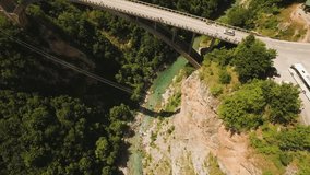Flight over Djurdjevica Bridge across the Tara River Canyon. Montenegro.