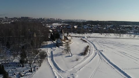 Aerial view footage of The Church of the Smolensk icon of the Mother of God in the village Podolino, Moscow region, Russia