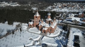 Aerial view footage of the Exaltation of the Holy cross Church in Darna village, Moscow region, Russia