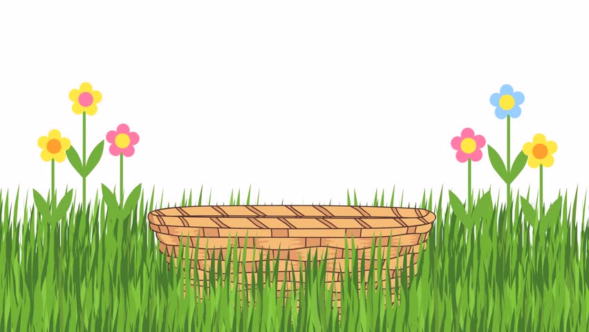 Easter eggs jump into a basket that stands on the grass. animation 4k.