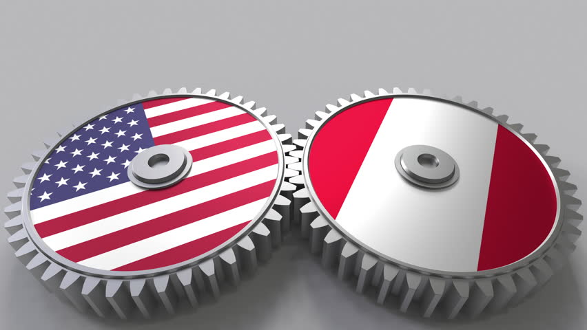 Flags of the USA and Peru on meshing gears. International cooperation conceptual animation
