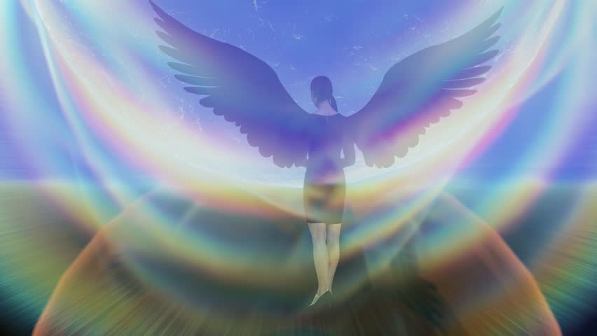 Dark-haired girl with angel wings. Standing in front of a fantastic glowing ball of earth. 3d rendering. 