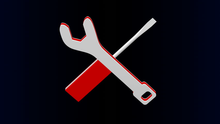 Repair logo - Screwdriver and wrench turn around. Loopable.  Luma matte. 3D rendering.
