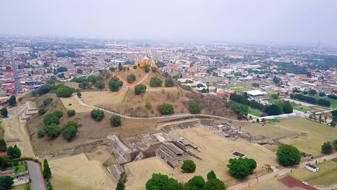 Cholula Mexico Church on Pyramid in Puebla aerial footage