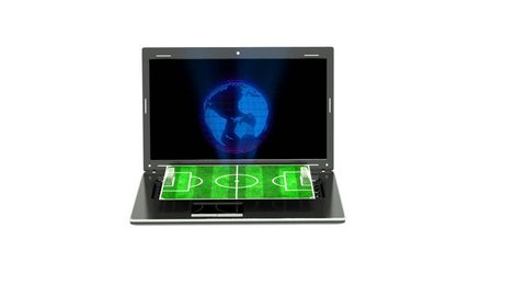 The football field appears from the laptop screen, the concept of online football broadcasts, online football games and football in general