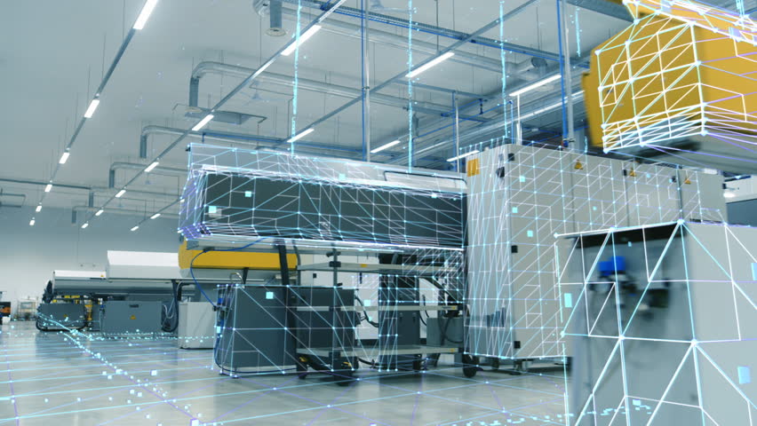 The Concept of: Digitalization of Information Flow Moving Through the High-Tech Modern Electronics Manufacturing Factory Full of Computerized Automatic Machinery.  