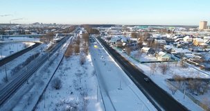 Aerial view of Podolsk cityscape on winter sunny morning