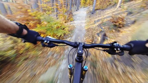 Slow motion riding an enduro mountain bike in orange autumn forest. Downhill ride in woods. View from first person perspective POV. Full HD gimbal stabilized video, Gopro Hero 4 black.