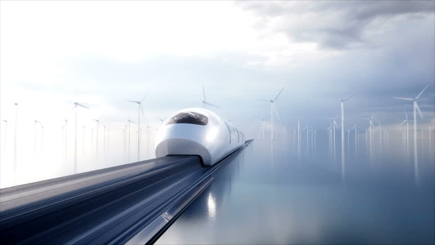 Speedly Futuristic monorail train . Concept of future. People and robots. Water and wind energy. Realistic 4K animation. | Shutterstock HD Video #1009024892
