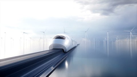 speedly Futuristic monorail train . Concept of future. People and robots. Water and wind energy. Realistic 4K animation.