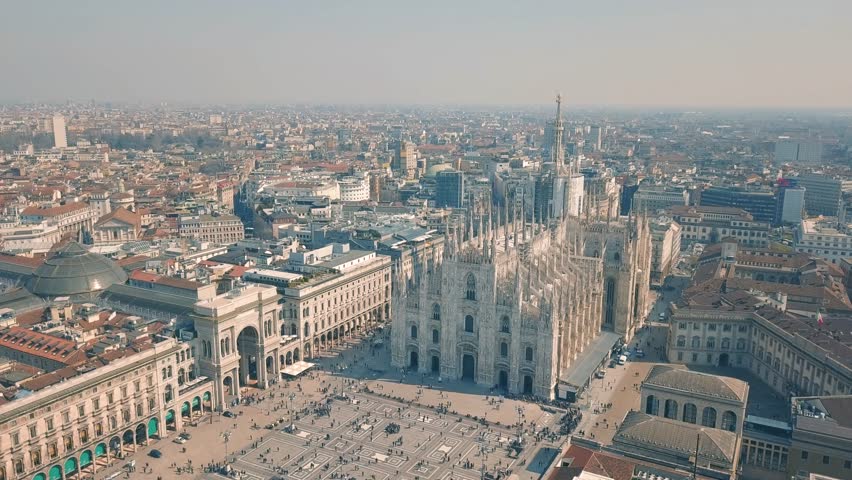 Aerial view of Duomo di Milano, Galleria Vittorio Emanuele II, Piazza del Duomo | Shutterstock HD Video #1009031495