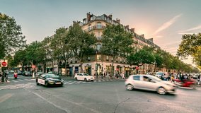 PARIS, FRANCE - CIRCA 2016: The intersection of the Boulevard Saint-Germain and Boulevard Saint-Michel. Time lapse video. Zooming in easy.