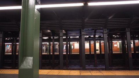 The subway platform and a running express train. New York City Subway. The express train at high speed passes without stopping.