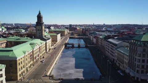  
4k aerial drone footage - Big Harbour Canal and Christina Church.  Downtown district Gothenburg, Sweden
