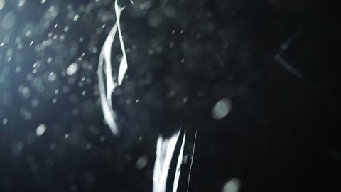 man in raincoat under rain, close-up detail rain drops falling in slow motion