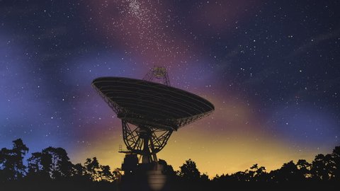 Radio Satellite Telescope searching Milky Way stars 3d (4K)

This animation shows a radio telescope satellite dish searching night sky with milky way and its stars. The telescope is a silhouette. Arkistovideo