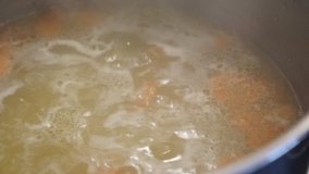 Tasty homemade boiling soup in the pot  1080p FullHD footage - Slow motion of liquid food mix close-up 1920X1080 HD video