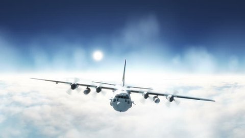 C-130 Hercules free flight, raising above the clouds. Military plane flight. Cargo plane