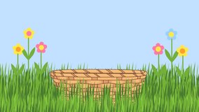 Easter eggs jump into a basket that stands on the grass. animation 4k