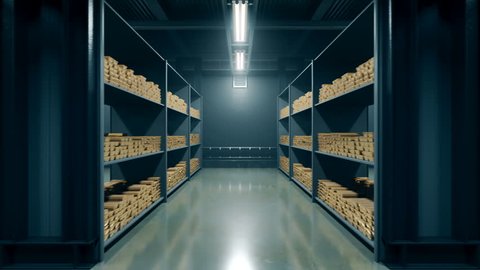 Gold bars in the Bank. Loopable animation. Stacks of gold bars in a bank vault. 4k resolution 3D rendering. 