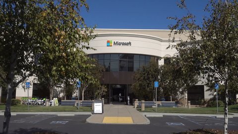 MOUNTAIN VIEW, CALIFORNIA/USA - OCTOBER 23, 2017: Microsoft headquarters and logo, Mountain View, Silicon Valley. Microsoft was founded by Paul Allen and Bill Gates in 1975