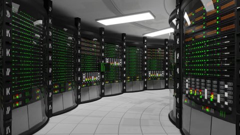 Modern working server room with rack servers. Cloud computing in datacenter, information storage. Blackout in server room, dos attack, hacking