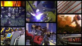 Montage of several clips showing a general overview of Industry. Heavy, light,hi-tech,dirty,clean, but all processes in industry. Can be looped black to black