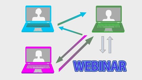 Webinar banner animation with multicolored laptops, arrows, join button and hand cursor, on line learning, online conference, e-learning advertising