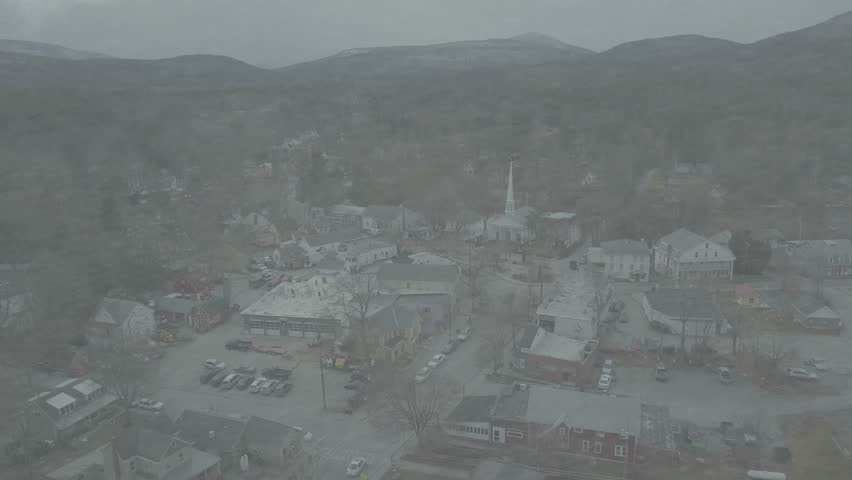 Woodstock Village, New York, AERIAL snowstorm winter view 