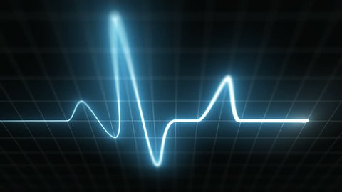 Stylized EKG Fast, Blue. Heart rate monitor / electrocardiogram (EKG or ECG) loop beeping at 120 beats per minute. Shallow depth of field, LCD pixels, 60fps.