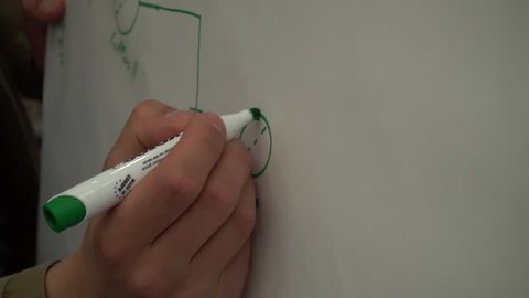 Man writing on flipchart with a green marker. 