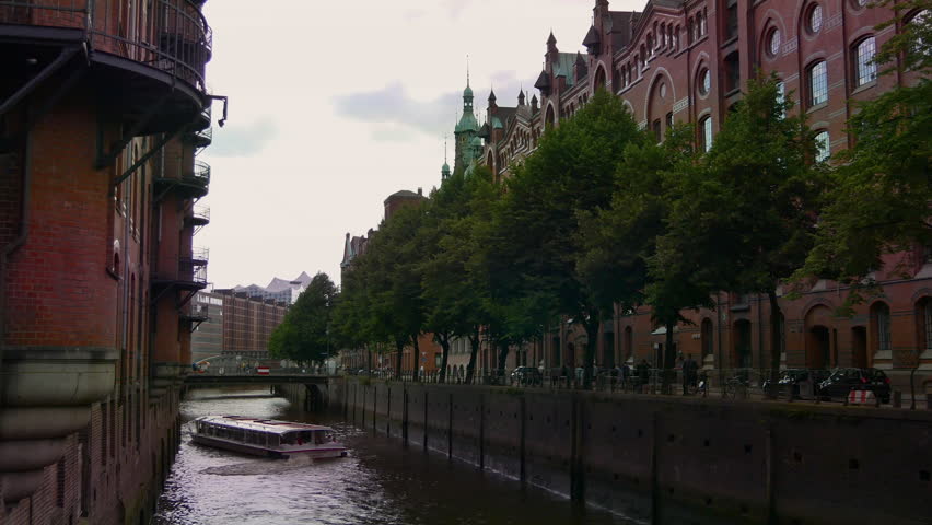 Hamburg,Germany-circa 2017: Speicherstadt in Hamburg, Germany. The Speicherstadt is the largest warehouse district in the world where buildings stand on timber-pile foundations.ULTRA HD 4K