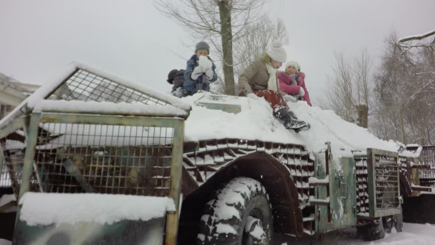 Children in the infantry fighting vehicle. War in Ukraine. It