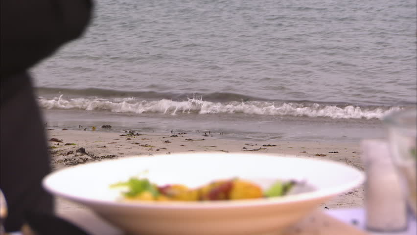 A close up shot of a fish belly served on a plate located on a beach.
