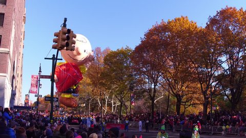 NEW YORK CITY, NY - NOVEMBER 23: Charlie Brown from Peanuts show Balloon in Macy's Thanksgiving Day Parade on November 23, 2017, in New York City, New York.
