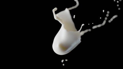 Cg animation of two milk drops colliding splash on black background. Slow motion with speed ramping. Has alpha matte.