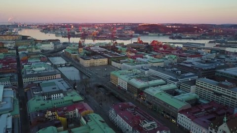 4k Drone footage - Beautiful cityscape of Gothenburg Sweden at sunrise