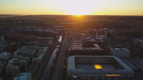 4k drone - Sunrise over the stadiums of Gothenburg, Sweden