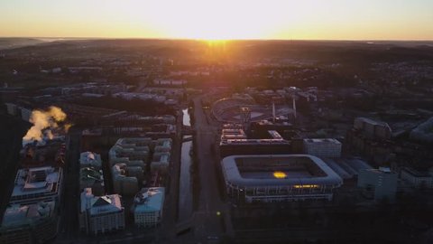 4k drone - Sunrise over the stadiums of Gothenburg, Sweden