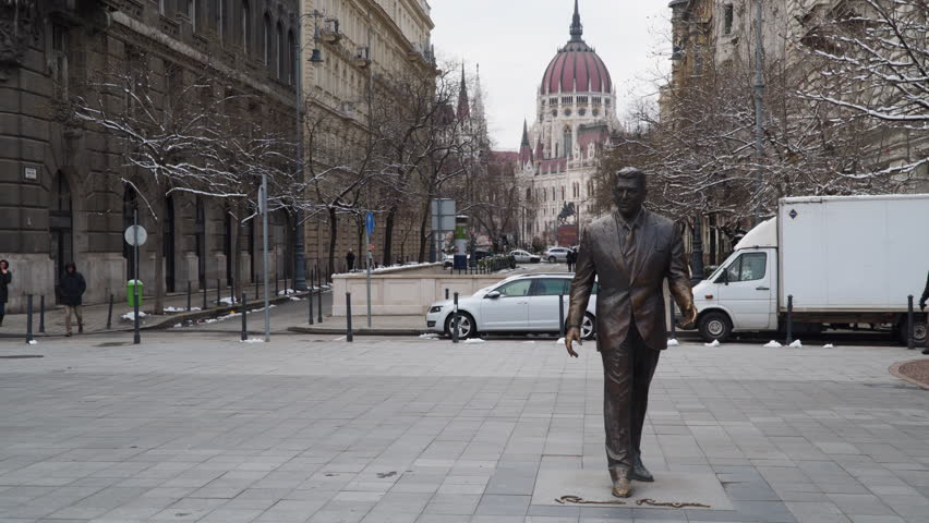 Budapest, Hungary - March 18, 2018: Statue of U.S. President Ronald Reagan in Budapest, Hungary.