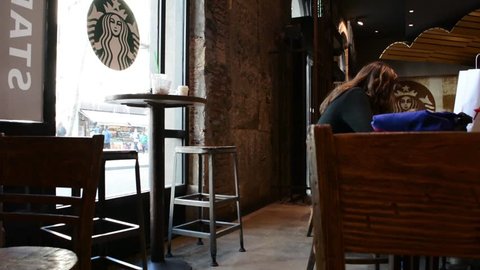BARCELONA, CATALONIA, SPAIN - 2018 March 29: Starbucks coffee window.