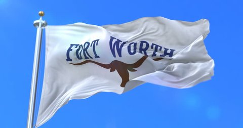 Fort Worth flag, city of Texas state in USA or United States of America, waving at wind in blue sky, slow - loop