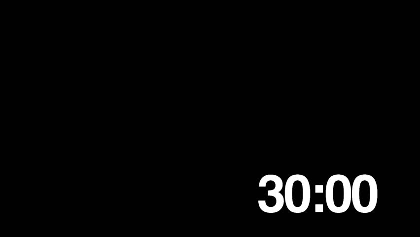 countdown clock (25fps) from 30s to 0:00 with alpha. Produces white second/frame counter with transparent background for overlay. NOTE contains frames for 30:00 and 00:00 so is actually 751 frames. Royalty-Free Stock Footage #1009143401
