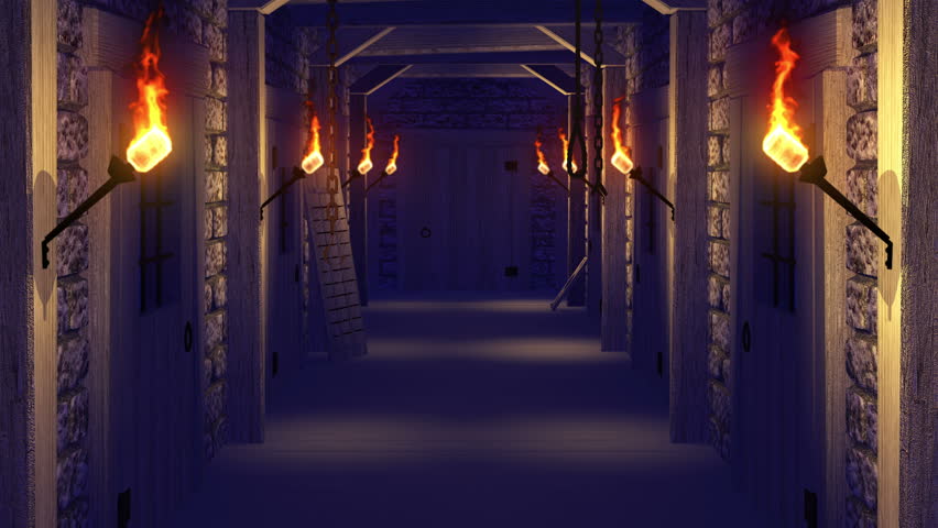 Render of movement along a dungeon with  flaming torches and jail to exit
through an opening door to a green screen Royalty-Free Stock Footage #1009145978