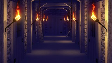 Render of movement along a dungeon with  flaming torches and jail to exit
through an opening door to a green screen