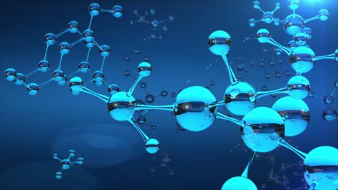 Floating glass molecular structure with animated chemical formulas, icons and abstact elements of digital HUD interface on blue background.  Rotating 3d parts of the human body, brain, heart, skeleton