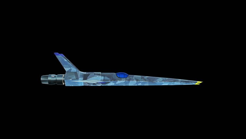 Fighter Jet, futuristic military airplane rotating and assembling from scattered parts on black background