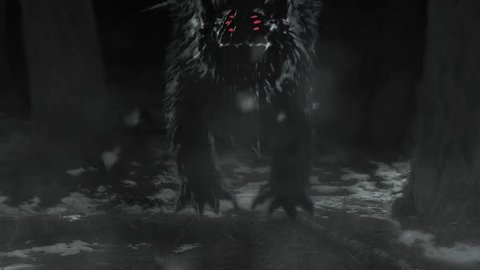 Alien wolf emerges from dark forest and opens his mouth. 2D animation in genre of horror fiction. Spooky predator from cosmos. Space mutant with red eyes. Evil hellish demon of night. Scary HD movie.